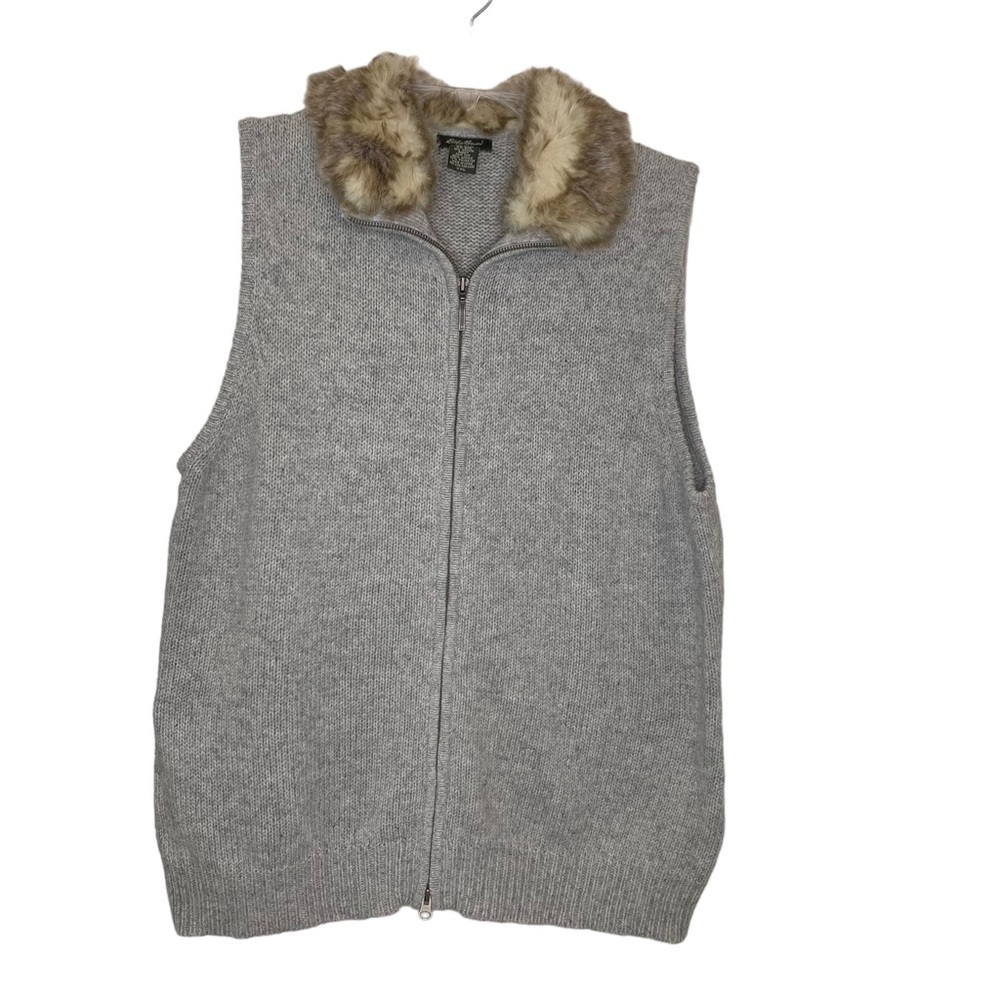 Eddie Bauer grey wool blend zippered vest sweater with faux fur collar. Size XXL